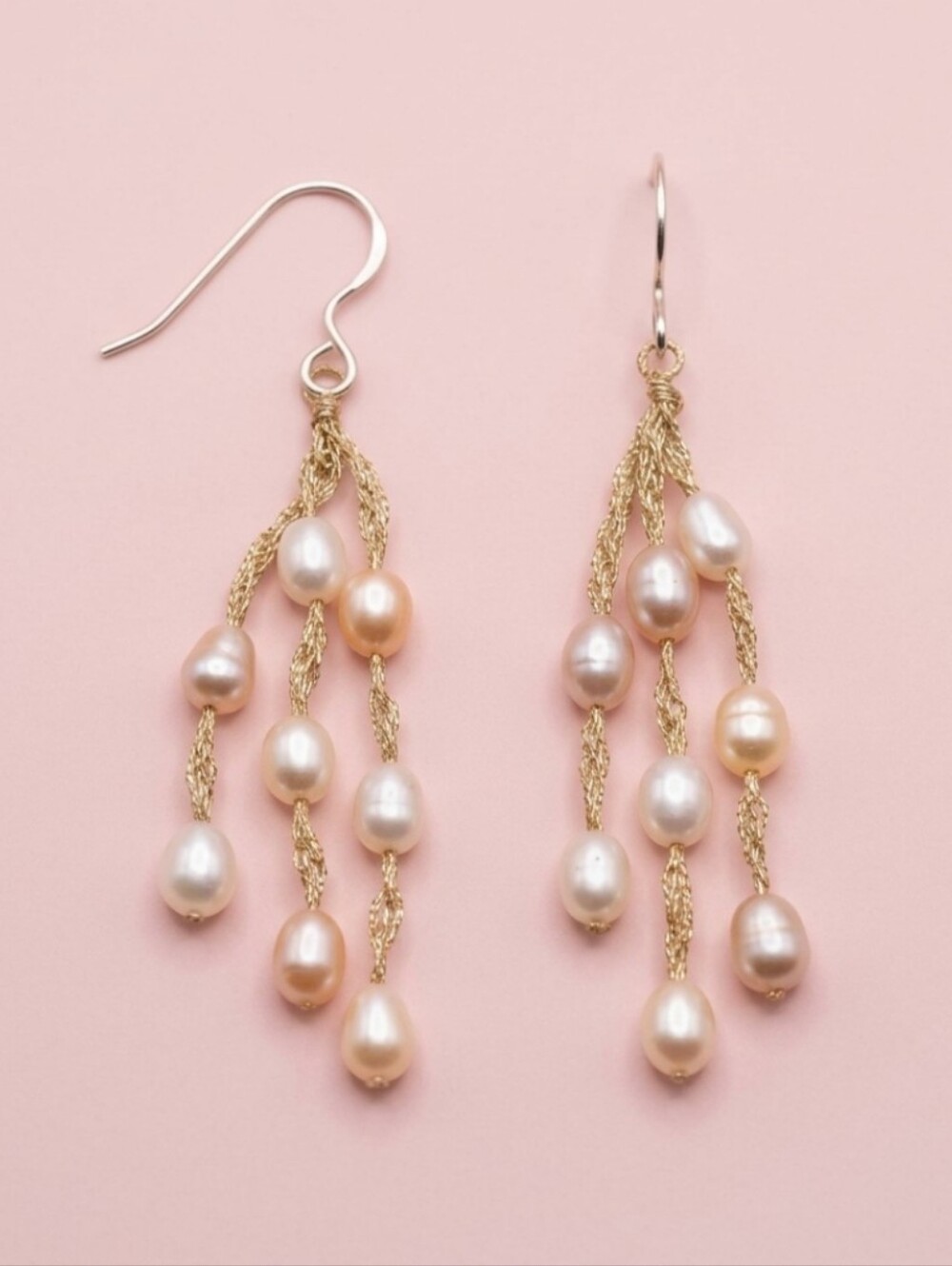 Sterling Silver Gold Freshwater Pearl Drop Fringe Boho Earrings